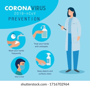 doctor female with campaign of prevention coronavirus 2019 ncov vector illustration design