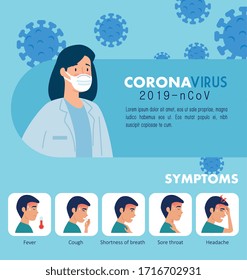 doctor female with campaign of symptoms coronavirus 2019 ncov vector illustration design