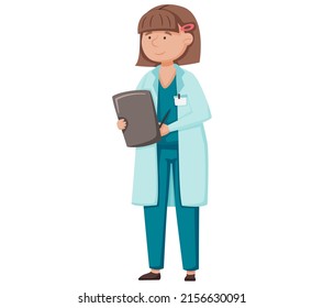 Doctor female character in hospital, medicine, health care concept. Woman medic therapist or nurse in blue uniform cartoon character standing in clinic office. Medicare, physician medical consultation