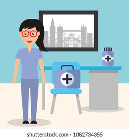 doctor female desk chair and medicine suitcase in consulting room