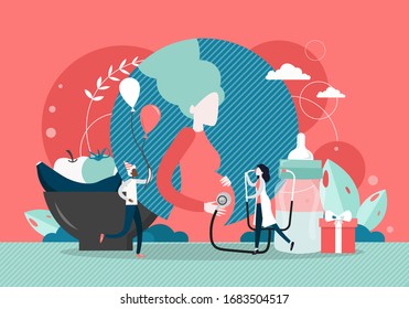 Doctor female examining pregnant woman in clinic, listening to baby heart beating with stethoscope, vector flat illustration. Pregnant girl visiting doctor gynecologist. Pregnancy checkup, maternity.