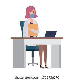 doctor female with face mask in desk vector illustration design