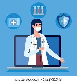 doctor female and laptop with app medicine online vector illustration design