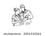 Doctor.	female and male doctors looking at the patient's medical history.	Retro vintage sketch vector illustration. Engraving style. black isolated on white background. vector draw graphic design 