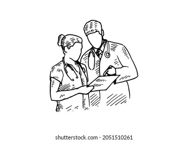 Doctor.	female and male doctors looking at the patient's medical history.	Retro vintage sketch vector illustration. Engraving style. black isolated on white background. vector draw graphic design 