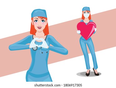 Doctor female in mask holds a heart in her hands. Nurse woman - show love, hand gestures.