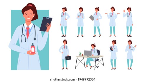 Doctor female poses infographic set, young woman doctor standing with first aid bag