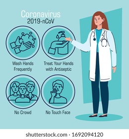 doctor female with set of recommendations for covid 19 vector illustration design