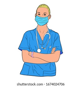 Doctor female standing with hands crossed isolated on white background