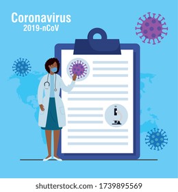 doctor female using face mask with document of 2019 ncov vector illustration design