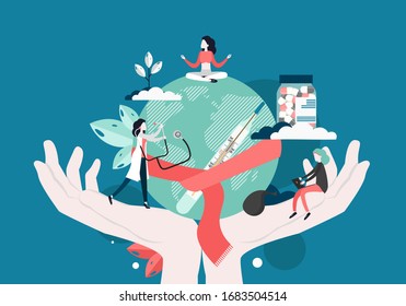 Doctor female using stethoscope listening to planet Earth globe with body temperature thermometer in human hands palms, vector flat illustration. World Health Day, save our planet, global health care.