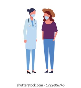 doctor female and woman using face mask for covid19 vector illustration design