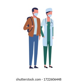 doctor female worker and man using face mask for covid19 vector illustration design