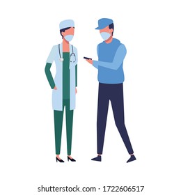 doctor female worker and man using face mask for covid19 vector illustration design
