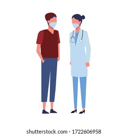doctor female worker and man using face mask for covid19 vector illustration design