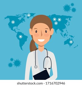 doctor female with world map and particles covid 19 vector illustration design