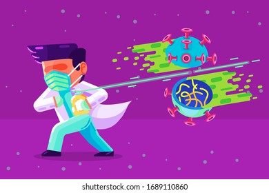A doctor fiercely fights a coronavirus / Covid-19 with a hand sanitizer.