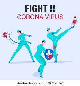 Doctor Fight Corona Virus or Covid-19 Vector Illustration Poster, Superhero Doctor Wearing Shield To Fight From Coronavirus, Heroic Health Staff, Support Medical Care Worker By Stay At Home 