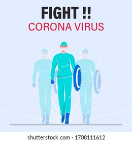 Doctor Fight Corona Virus or Covid-19 Vector Illustration Poster, Superhero Doctor Wearing Shield To Fight From Coronavirus, Heroic Health Staff, Support Medical Care Worker By Stay At Home 