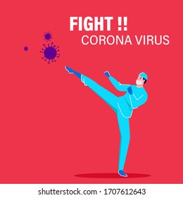 Doctor Fight The Corona Virus Flat Design Vercor Illustration, Support Health Care Workers By Stay At Home And Battle Virus, Frontline Againt Covid 19