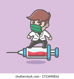 Doctor Fight Corona Virus Vector Icon Illustration. Corona Mascot Cartoon Character. People Icon Concept White Isolated. Flat Cartoon Style Suitable for Web Landing Page, Banner, Flyer, Sticker, Card