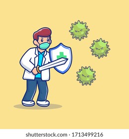 Doctor Fight Corona Virus Vector Icon Illustration. Corona Mascot Cartoon Character. People Icon Concept White Isolated. Flat Cartoon Style Suitable for Web Landing Page, Banner, Flyer, Sticker, Card