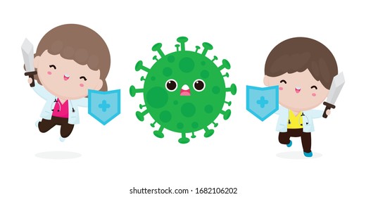 doctor fight with coronavirus (2019-nCoV), cartoon character cute doctor attack COVID-19, Protection Against Viruses and Bacteria, Healthy lifestyle concept isolated on white background