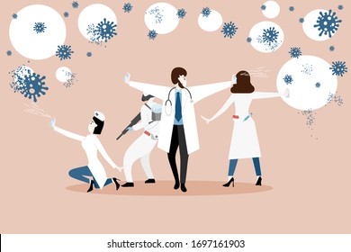 Doctor fight virus concept. Doctor team fight coronavirus. cure corona virus. vector illustration.