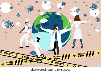 Doctor fight virus concept. Doctor team fight coronavirus. cure corona virus. protects Earth.  vector illustration.