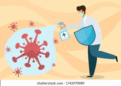 Doctor fighting cleaning and kill covid-19 or coronavirus prevent outbreak spreading concept. spray the cleaning sanitize chemical to disinfect COVID-19 virus. new normal, new life style. vector.