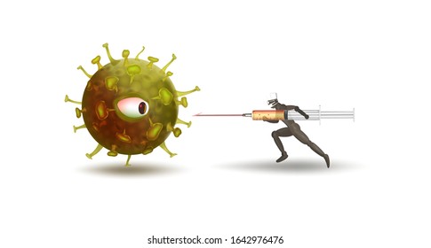 Doctor is fighting coronavirus. Realistic virus cell. Coronavirus 2019-nCov vaccine. Beat virus. Inject medicine. Defeat disease. Vector. Doctor goes on attack on pathogenic organism. Give injection.