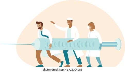 Doctor fighting with coronavirus using vaccine injection. Team of virologists holding giant syringe. Vaccine and treatment research. Concept vector illustration for covid-19 outbreak