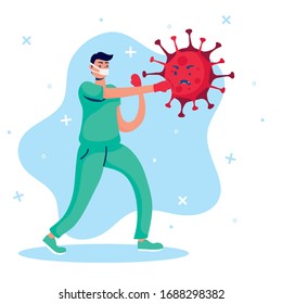 doctor fighting virus comic characters vector illustration design