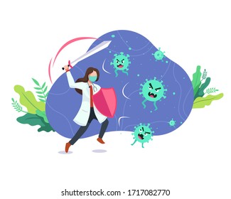 Doctor fighting the virus. Female doctor with a shield and sword, Fight and protecting from Covid-19 virus attacks. Fighting COVID-19 concept, Fights against Coronavirus. Vector in flat style