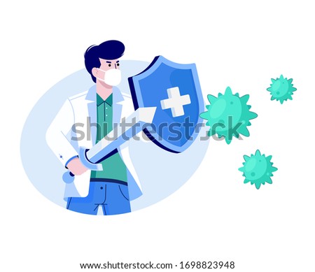 Doctor fighting with the virus.  Vector illustration. Covid - 19 Atack.