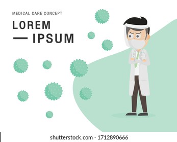 Doctor fights against viruses wearing medical face mask and face shield. COVID-19 or Coronavirus outbreak. Flat vector illustration