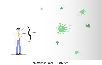 Doctor fights coronavirus with bow and arrow. Man strives to defeat the virus. 2019-nCoV Covid-19 Virus Protection. Vector illustration eps 10