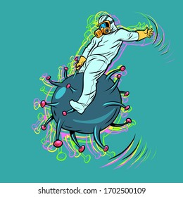 the doctor fights the coronavirus like a wild horse. Search for a vaccine. Science and health. Comics caricature pop art retro illustration drawing