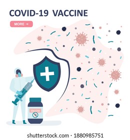 Doctor fights covid-19 with vaccine. Medical worker in protective suit with syringe and shield. Disease protection concept. Male nurse vaccinates people against coronavirus. Flat vector illustration