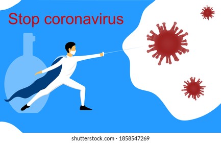 
the doctor fights the virus in the pose of a swordsman with a sword. Stop coronavirus