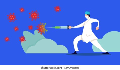 doctor fights a virus with syringe Vector illustration fight covid-19 corona virus. cure corona virusvector illustration coronavirus vaccine complete development. end of novel corona virus. 2019-ncov 