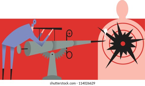 Doctor files a syringe canon at a human silhouette target in an illustration for immunizations or vaccines