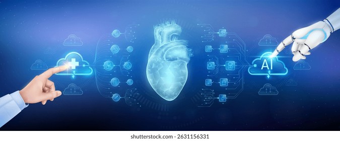 Doctor finger and robot touching plus sign and AI in clouds. Heart organ translucent polygon with medical network icons. Cyborg human collaboration. Health care technology digital. Banner vector.