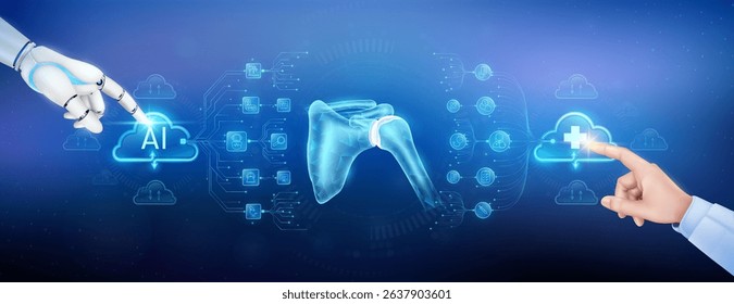 Doctor finger and robot touching plus sign and AI in clouds. Shoulder joint bone organ translucent with medical network icon. Cyborg human collaboration. Health care technology digital. Banner vector.