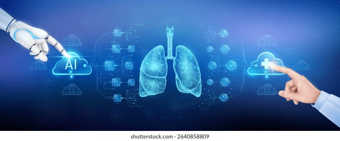 Doctor finger and robot touching plus sign and AI in clouds. Lung organ translucent polygon with medical network icons. Cyborg human collaboration. Health care technology digital. Banner vector.