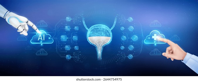 Doctor finger and robot touching plus sign and AI in clouds. Bladder organ translucent polygon with medical network icons. Cyborg human collaboration. Health care technology digital. Banner vector.