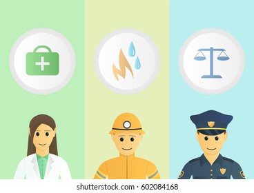 Doctor, firefighter and policeman. Vector flat illustration.