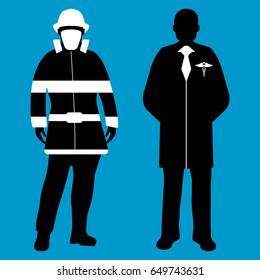 Doctor and Fireman flat icon. Service 911. Silhouette Vector illustration.