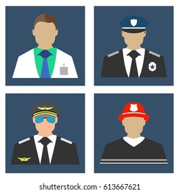 Doctor, Fireman, Policeman, Pilot portrait logo and icon. Flat Vector illustration.