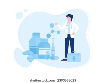 doctor with first aid bag and doses trending concept flat illustration